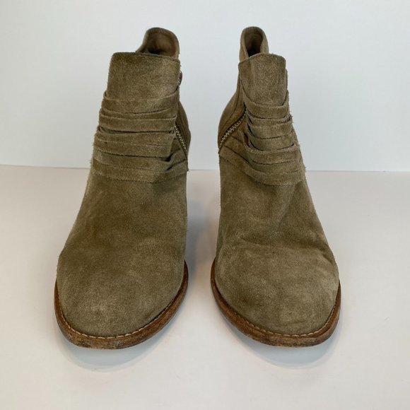 Loeffler Randall Ankle Booties 9 Khaki Green Gray Suede Leather Stacked Heel - Picture 6 of 16